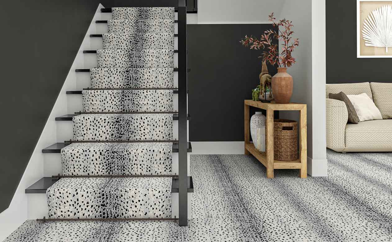 animal printed carpet and matching stair runner
